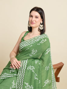 Green Semi Cotton Saree with Sequence Weaving Jari Pallu Printed Saree with Blouse