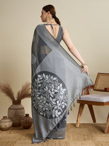 Grey Soft Silk Saree with Butti Blouse, Zari Lining Border Rich Pallu  Traditional Festive Wear