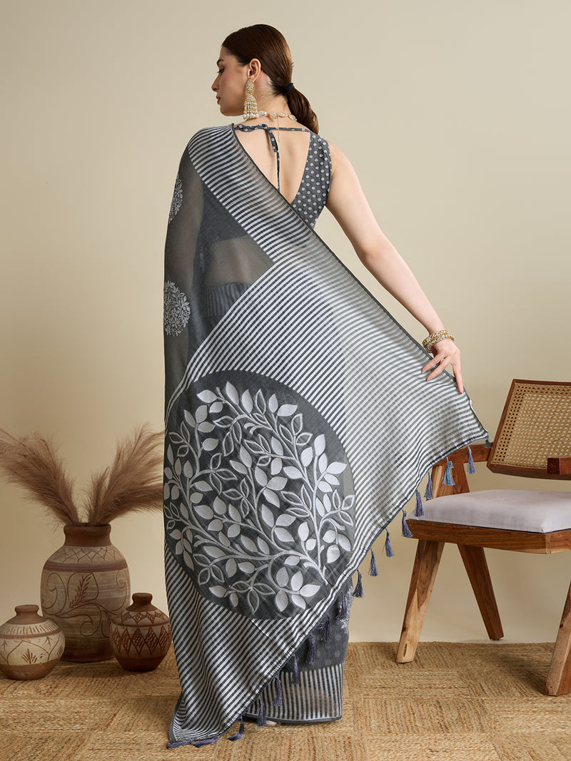 Grey Soft Silk Saree with Butti Blouse, Zari Lining Border Rich Pallu  Traditional Festive Wear
