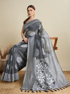 Grey Soft Silk Saree with Butti Blouse, Zari Lining Border Rich Pallu  Traditional Festive Wear