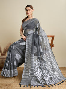 Grey Soft Silk Saree with Butti Blouse, Zari Lining Border Rich Pallu  Traditional Festive Wear