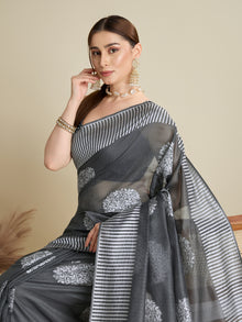 Grey Soft Silk Saree with Butti Blouse, Zari Lining Border Rich Pallu  Traditional Festive Wear
