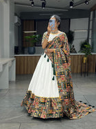 White Mirror Work Lehenga Choli with Multi & Green Dupatta