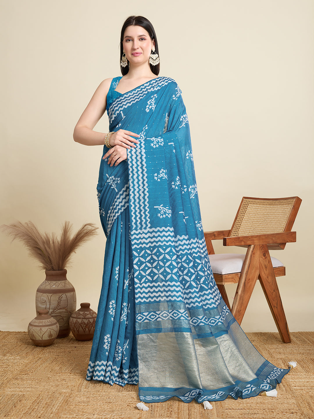Light Blue Semi Cotton Saree with Print and Jari Pallu Elegant Saree with Blouse