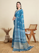 Light Blue Semi Cotton Saree with Print and Jari Pallu Elegant Saree with Blouse