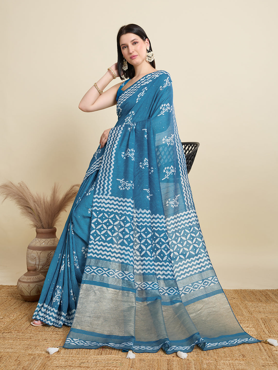 Light Blue Semi Cotton Saree with Print and Jari Pallu Elegant Saree with Blouse