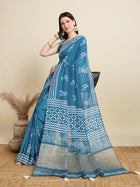 Light Blue Semi Cotton Saree with Print and Jari Pallu Elegant Saree with Blouse