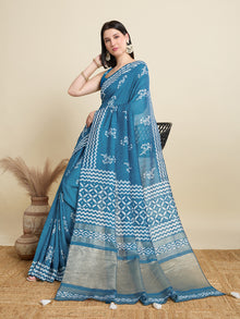 Light Blue Semi Cotton Saree with Print and Jari Pallu Elegant Saree with Blouse