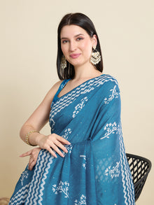 Light Blue Semi Cotton Saree with Print and Jari Pallu Elegant Saree with Blouse