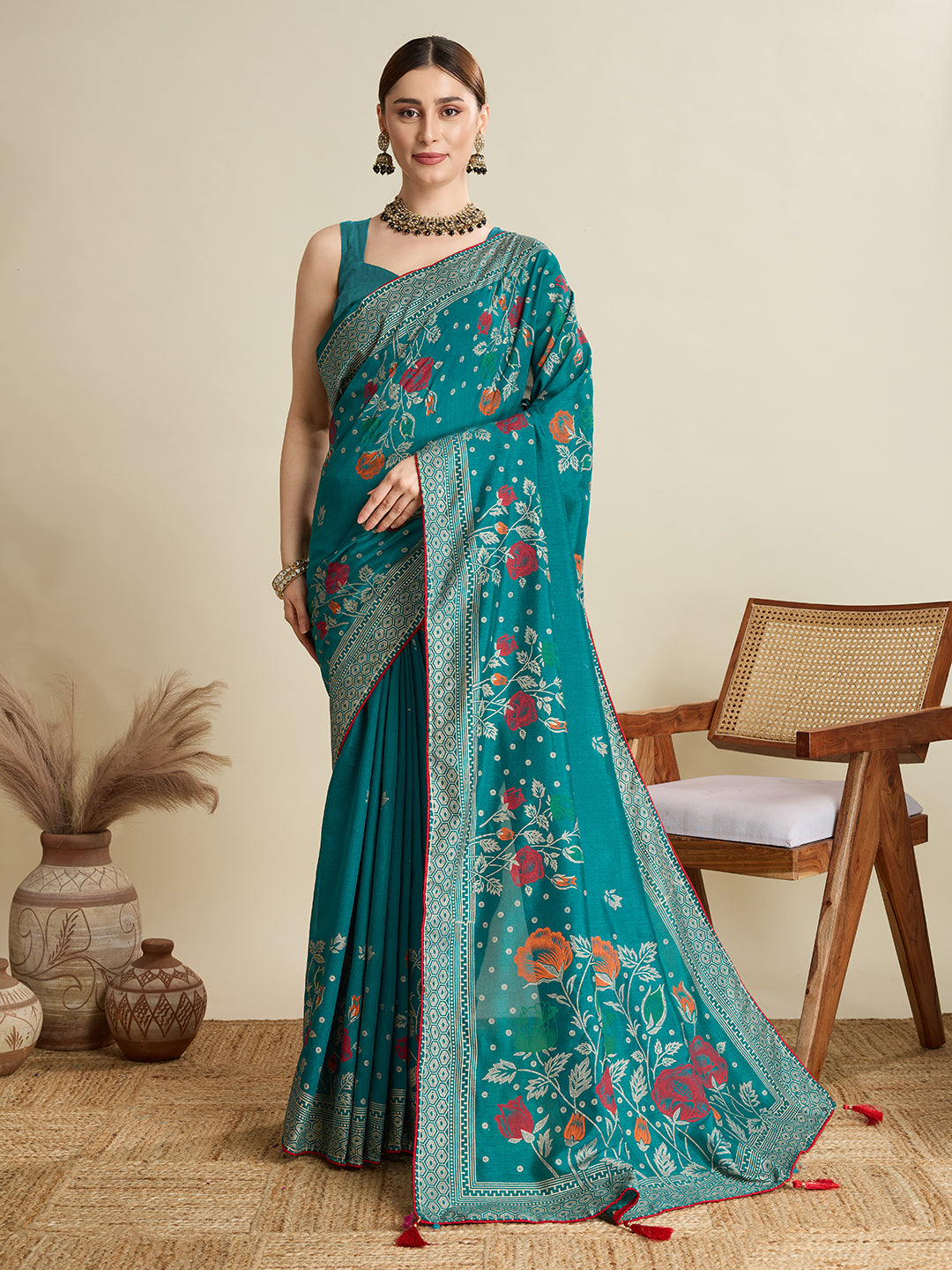 Turquoise T Color Cotton Saree with Table Print Border Piping Casual