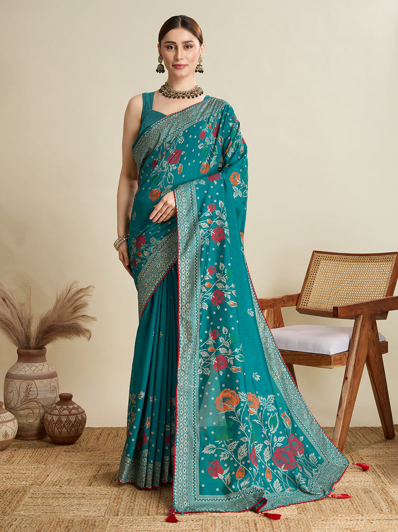 Turquoise T Color Cotton Saree with Table Print Border Piping Casual
