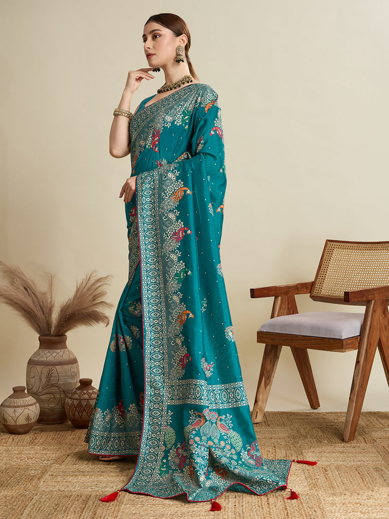 Light Turquoise Color Cotton Saree with Table Print Border Piping Casual Daily Wear