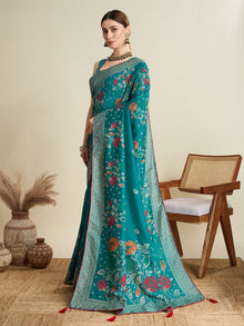 Turquoise T Color Cotton Saree with Table Print Border Piping Casual
