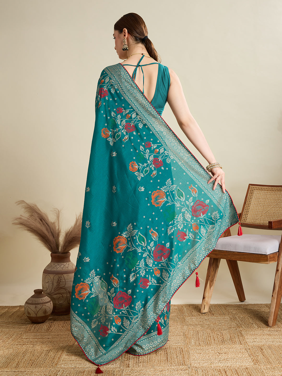 Turquoise T Color Cotton Saree with Table Print Border Piping Casual