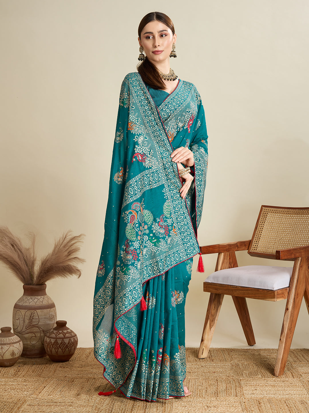 Light Turquoise Color Cotton Saree with Table Print Border Piping Casual Daily Wear
