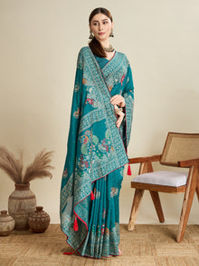 Light Turquoise Color Cotton Saree with Table Print Border Piping Casual Daily Wear