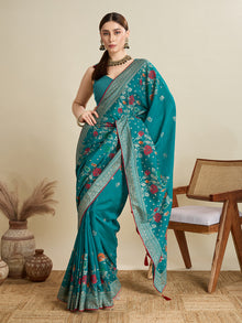 Turquoise T Color Cotton Saree with Table Print Border Piping Casual