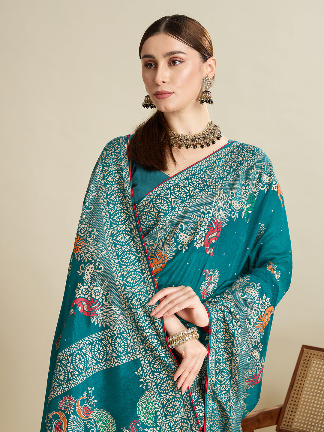 Light Turquoise Color Cotton Saree with Table Print Border Piping Casual Daily Wear