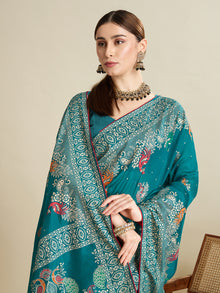 Light Turquoise Color Cotton Saree with Table Print Border Piping Casual Daily Wear