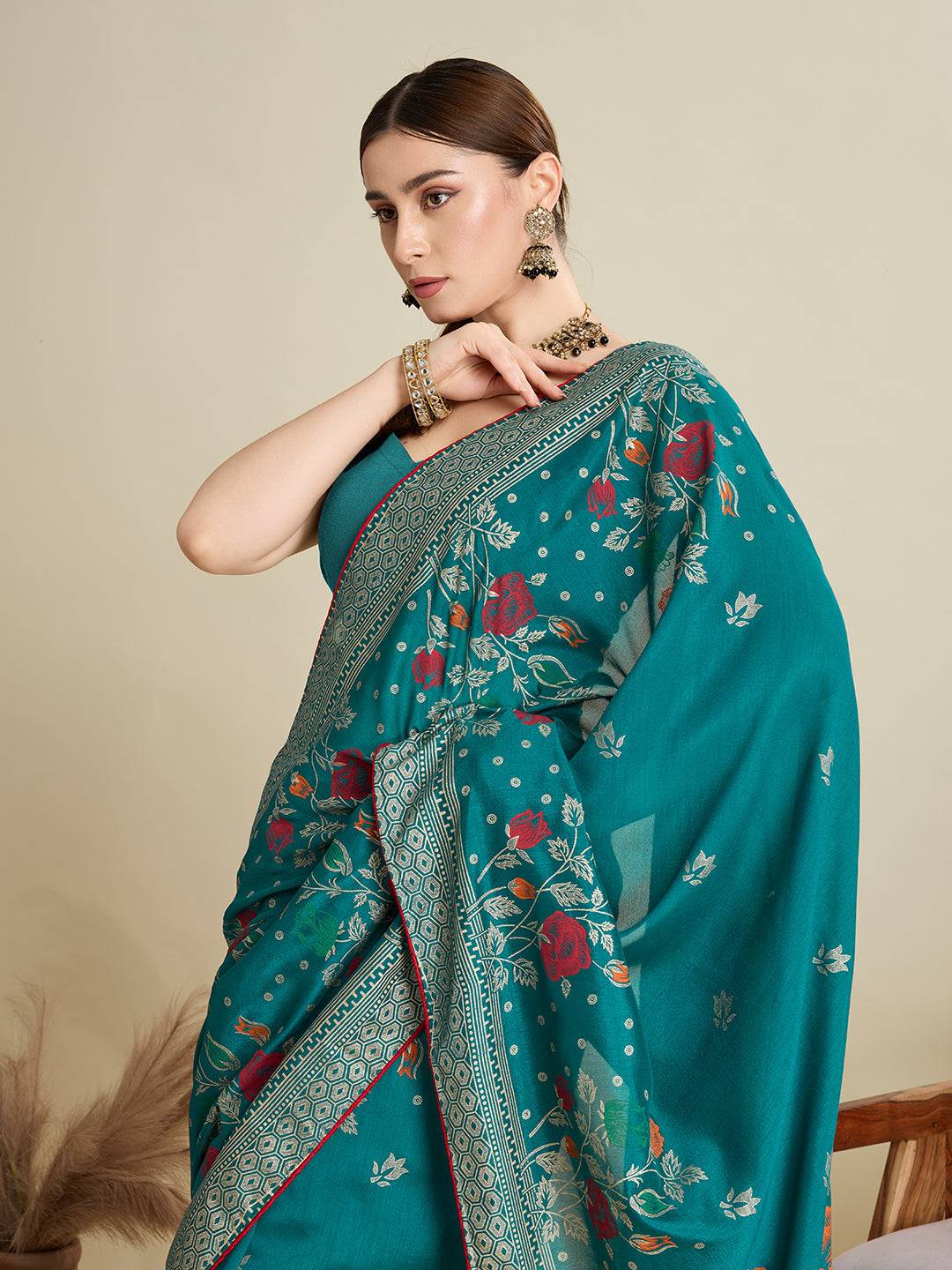 Turquoise T Color Cotton Saree with Table Print Border Piping Casual