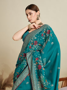Turquoise T Color Cotton Saree with Table Print Border Piping Casual