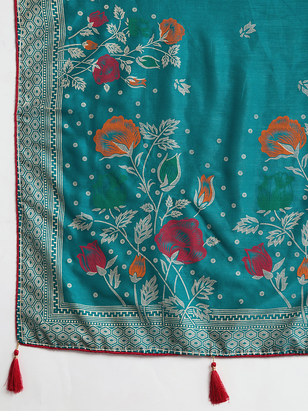 Turquoise T Color Cotton Saree with Table Print Border Piping Casual