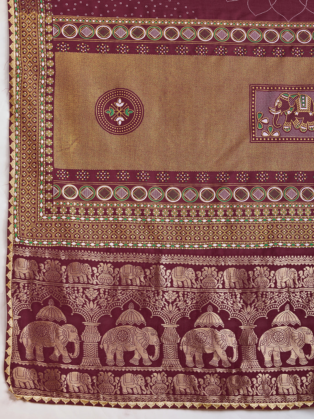 Maroon Cotton Saree with Foil Border & Table Print Contrast Blouse for Festive Wear