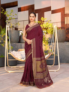 Maroon Cotton Saree with Foil Border & Table Print Contrast Blouse for Festive Wear