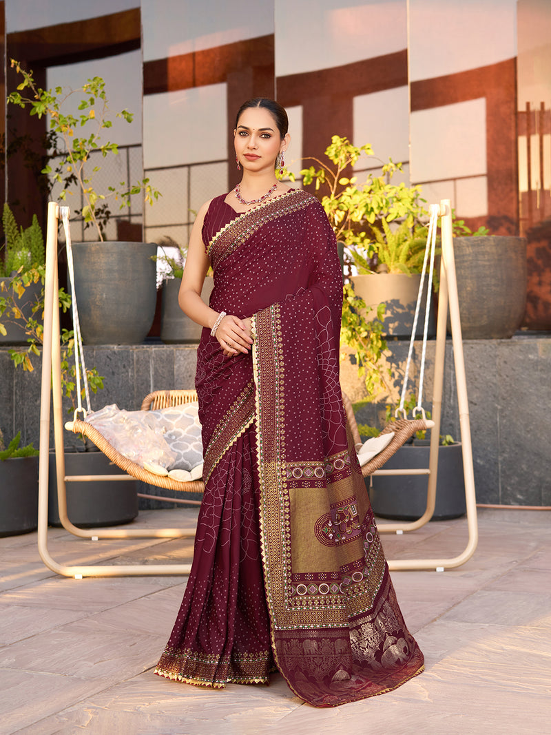 Maroon Cotton Saree with Foil Border & Table Print Contrast Blouse for Festive Wear