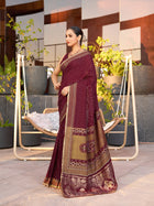 Maroon Cotton Saree with Foil Border & Table Print Contrast Blouse for Festive Wear