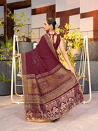 Maroon Cotton Saree with Foil Border & Table Print Contrast Blouse for Festive Wear