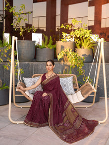 Maroon Cotton Saree with Foil Border & Table Print Contrast Blouse for Festive Wear