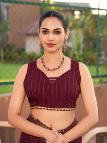 Maroon Cotton Saree with Foil Border & Table Print Contrast Blouse for Festive Wear