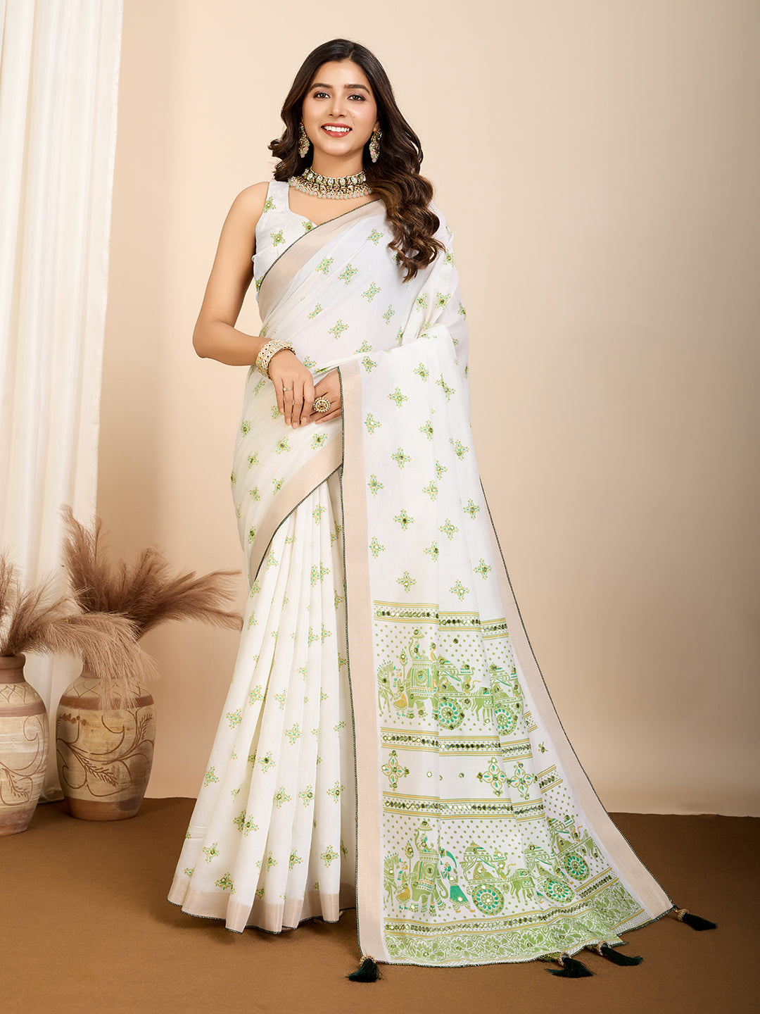 Light White & Green Semi Cotton Saree with Table Print and Handwork All Over Blouse