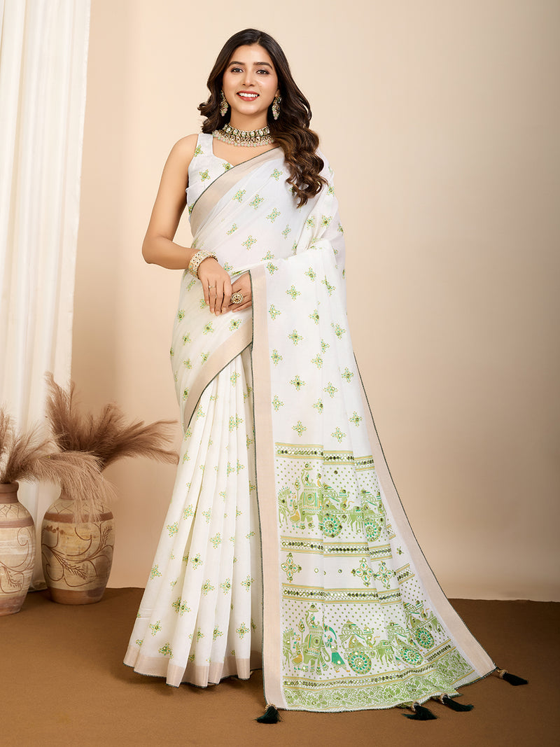 Light White & Green Semi Cotton Saree with Table Print and Handwork All Over Blouse
