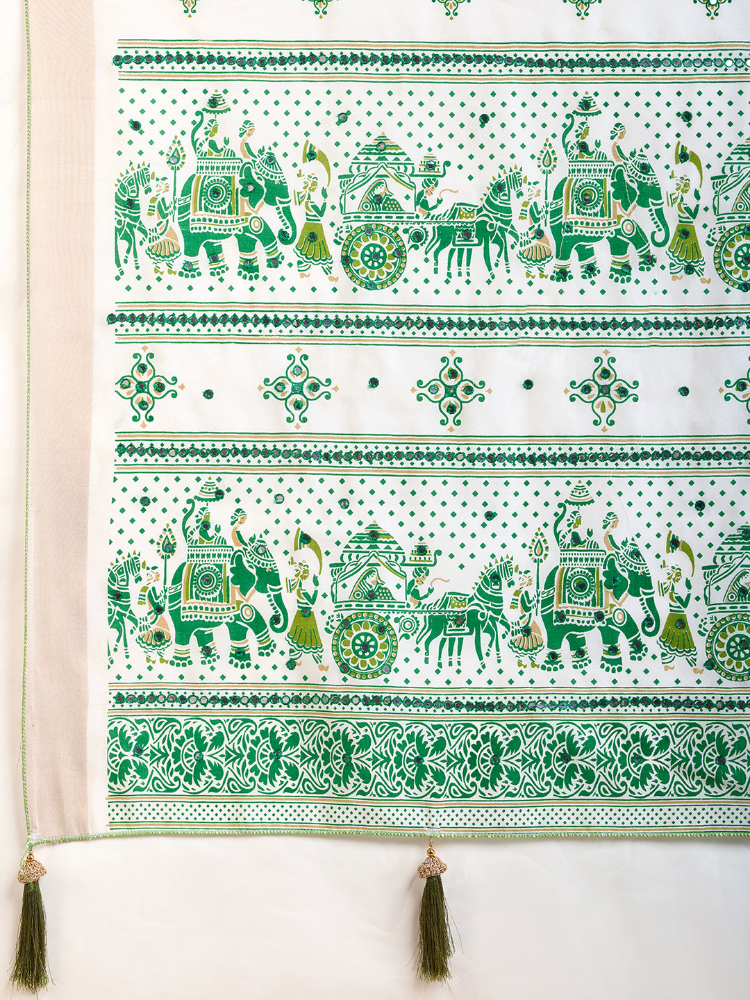 White and Dark Green Semi Cotton Saree with Table Print and Handwork  Designer Blouse