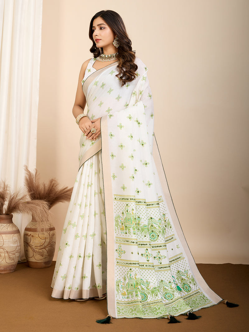Light White & Green Semi Cotton Saree with Table Print and Handwork All Over Blouse