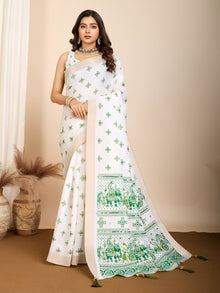 White and Dark Green Semi Cotton Saree with Table Print and Handwork  Designer Blouse