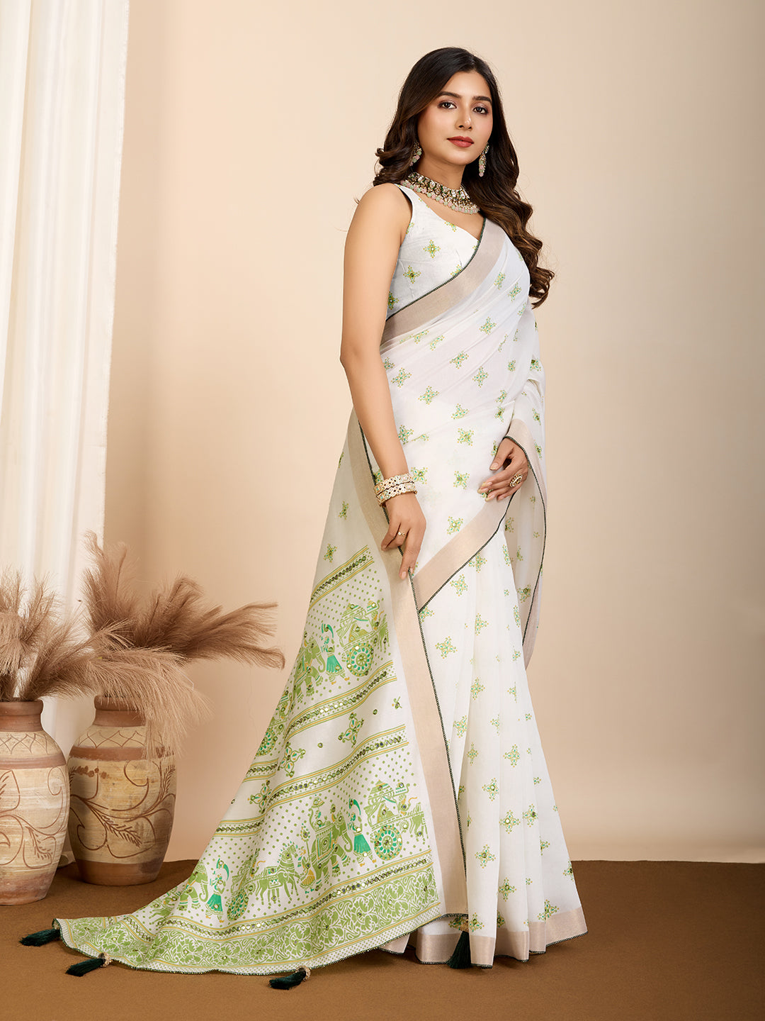 Light White & Green Semi Cotton Saree with Table Print and Handwork All Over Blouse