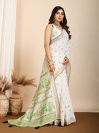 Light White & Green Semi Cotton Saree with Table Print and Handwork All Over Blouse