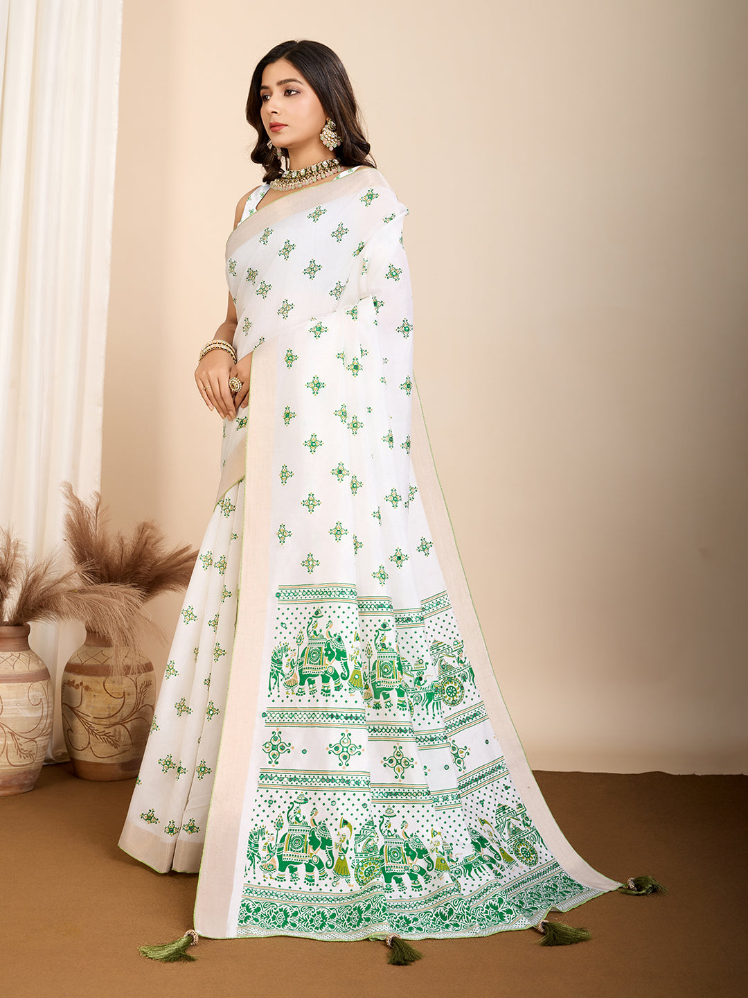 White and Dark Green Semi Cotton Saree with Table Print and Handwork  Designer Blouse