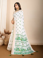 White and Dark Green Semi Cotton Saree with Table Print and Handwork  Designer Blouse