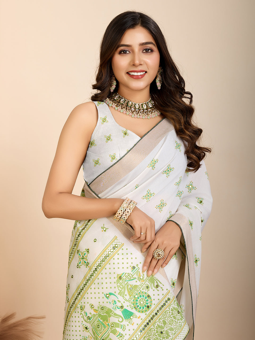 Light White & Green Semi Cotton Saree with Table Print and Handwork All Over Blouse