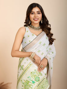 Light White & Green Semi Cotton Saree with Table Print and Handwork All Over Blouse