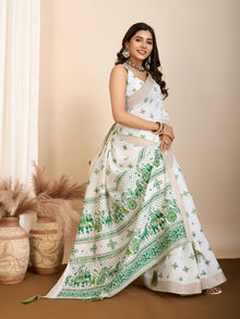 White and Dark Green Semi Cotton Saree with Table Print and Handwork  Designer Blouse