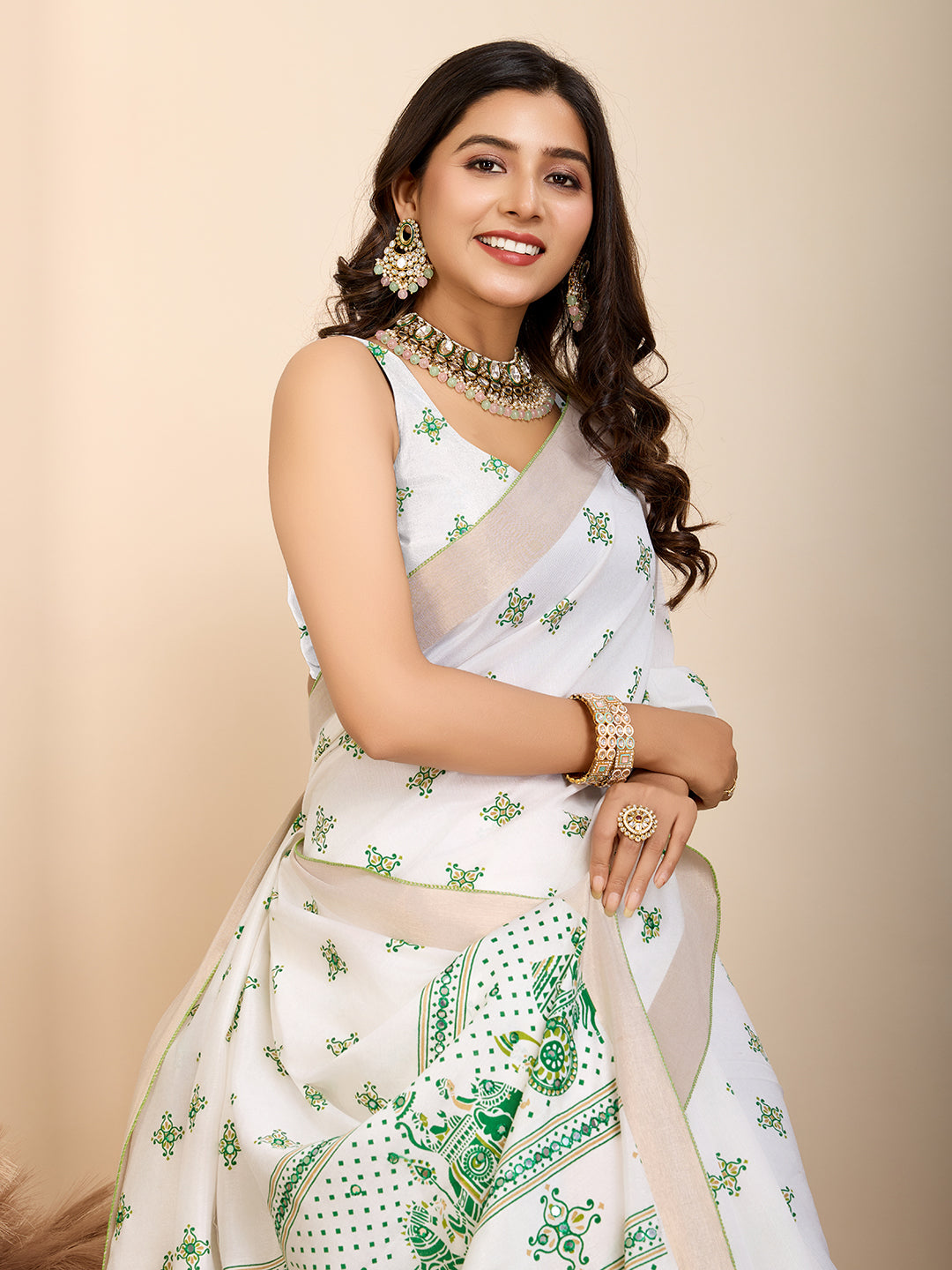 White and Dark Green Semi Cotton Saree with Table Print and Handwork  Designer Blouse