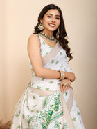 White and Dark Green Semi Cotton Saree with Table Print and Handwork  Designer Blouse