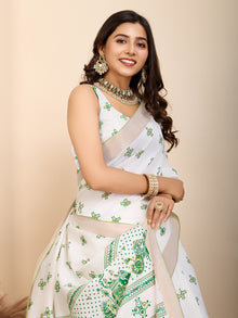 White and Dark Green Semi Cotton Saree with Table Print and Handwork  Designer Blouse