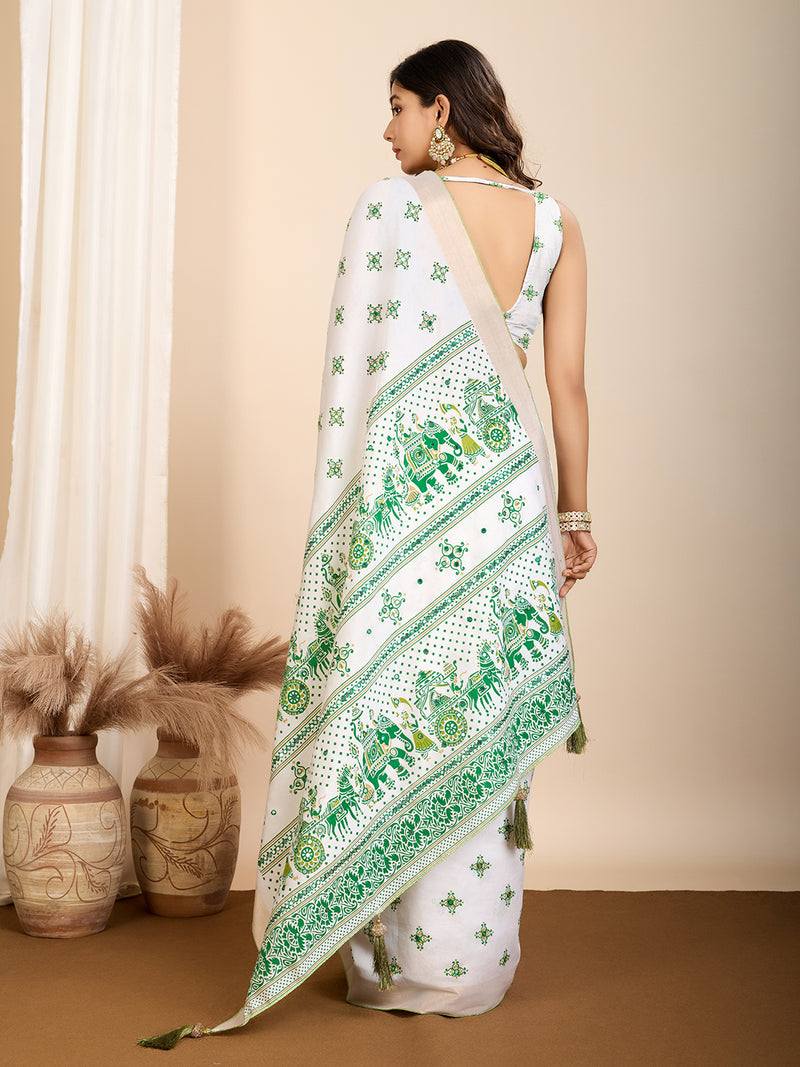 White and Dark Green Semi Cotton Saree with Table Print and Handwork  Designer Blouse