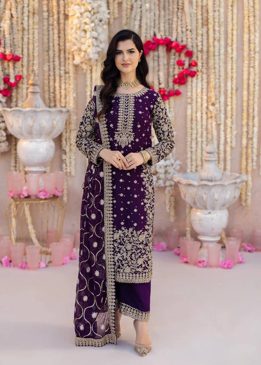 Luxury Purple Embroidered Straight Suit for Wedding, Festive Wear